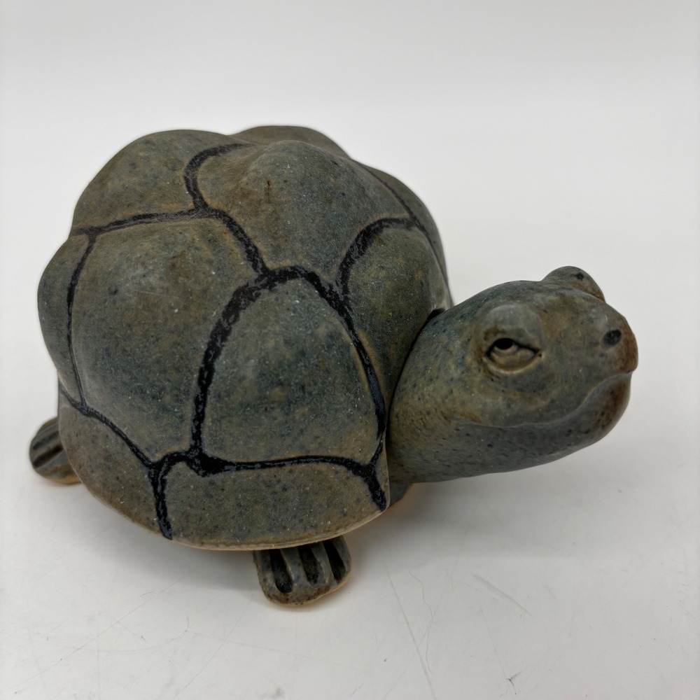 Vtg Ceramic Turtle Trinket Box Hand Painted Pottery Figurine Gray Green HideAKey